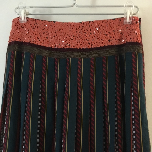 TORY BURCH Silk Pleated Print Skirt Sequin Waistband 6 - Picture 3 of 7